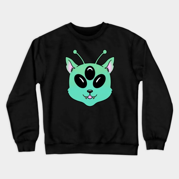 Alien Cat Green Cute Kawaii Animal Crewneck Sweatshirt by Trippycollage